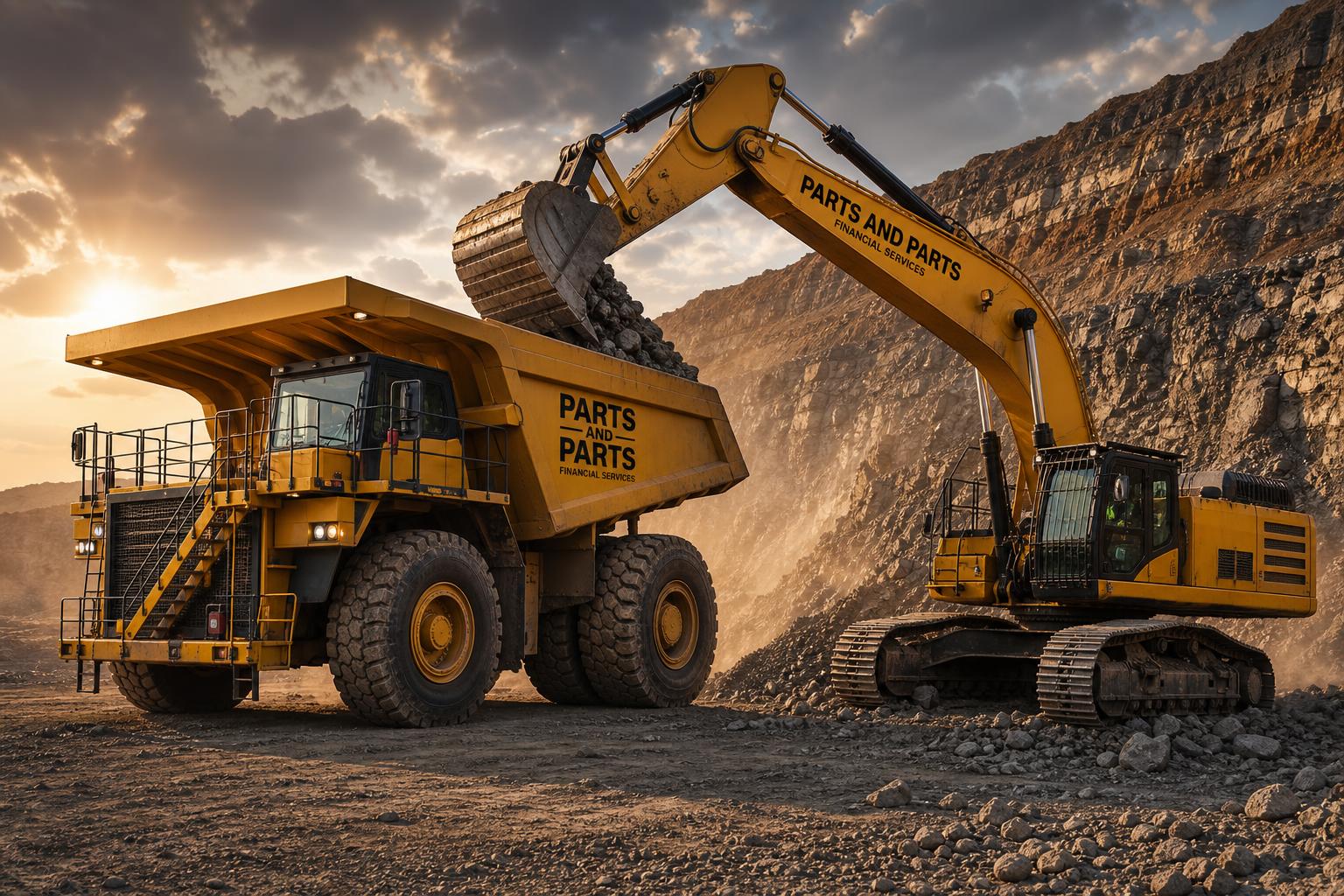 Yellow haul truck and excavator branded Parts and Parts Financial Services